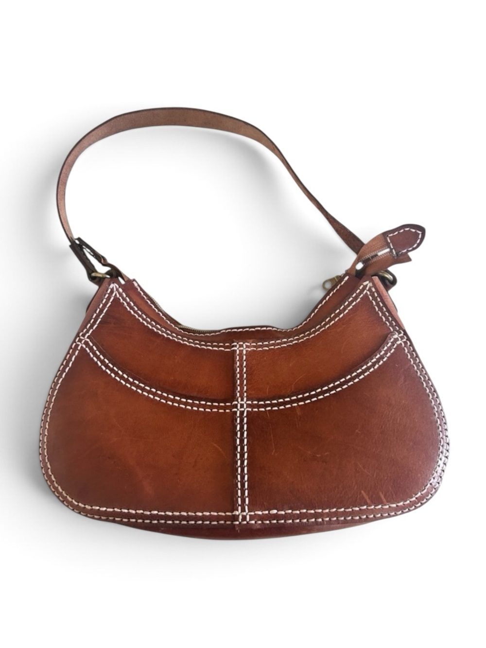 HANDMADE Brown Leather Crescent Shoulder Bag Boho Contrast Stitch